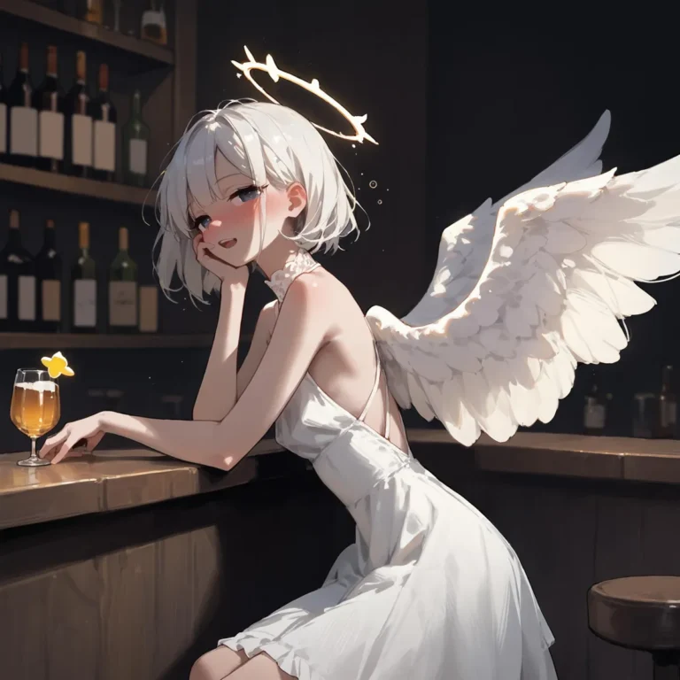 Anime style image of a cute girl with white hair and angel wings sitting at a bar counter. She is wearing a white dress and has a glowing halo above her head. AI generated image using stable diffusion.