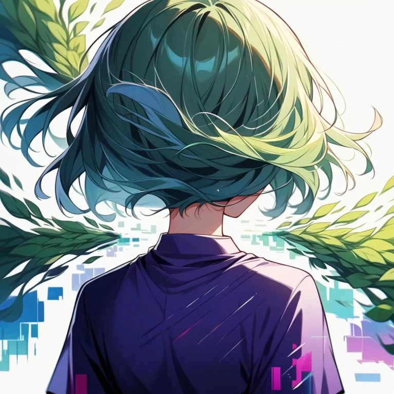 Digital illustration of an anime character with green hair viewed from behind, created using Stable Diffusion AI.