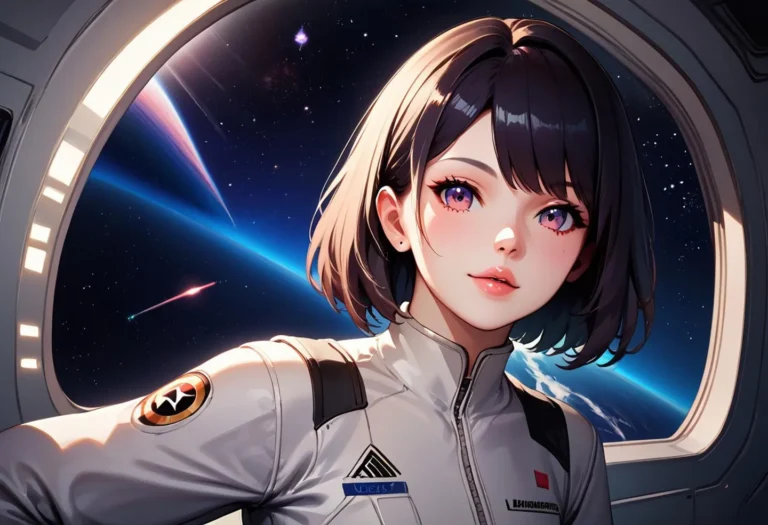 Anime-style character in astronaut suit gazing out of a spaceship window into the vast expanse of space, AI generated image using Stable Diffusion.