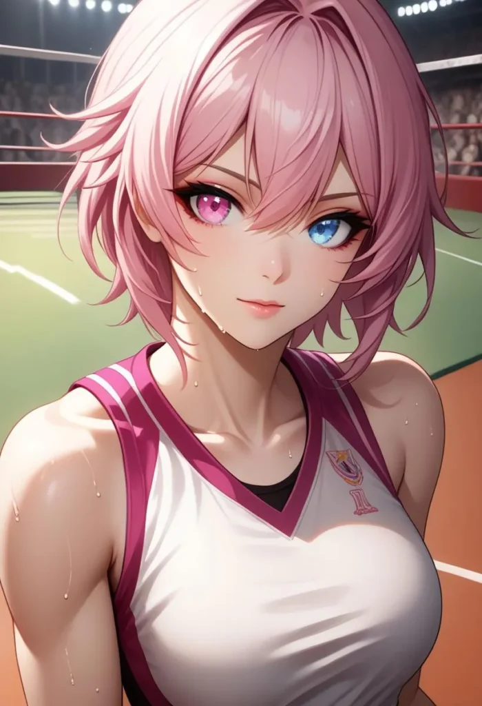 Ai generated image using stable diffusion depicting a female anime basketball player with pink hair and heterochromatic eyes.