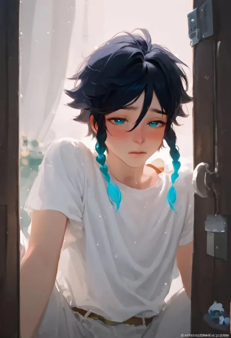 Anime portrait of a character with short, dark blue hair and bright blue braided strands, wearing a white shirt, leaning on a window frame, created using AI and Stable Diffusion.