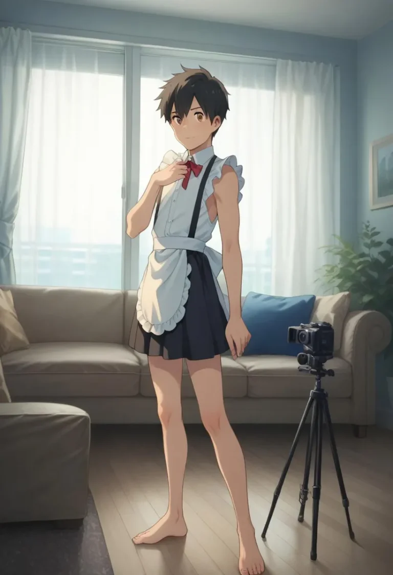 An anime-style boy in a maid outfit with a red bow tie standing inside a modern living room with a camera on a tripod. AI generated image using Stable Diffusion.