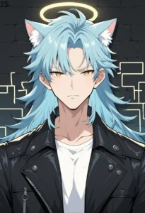 An anime character with blue hair, cat ears, and a halo, wearing a black leather jacket. This is an AI generated image using Stable Diffusion.