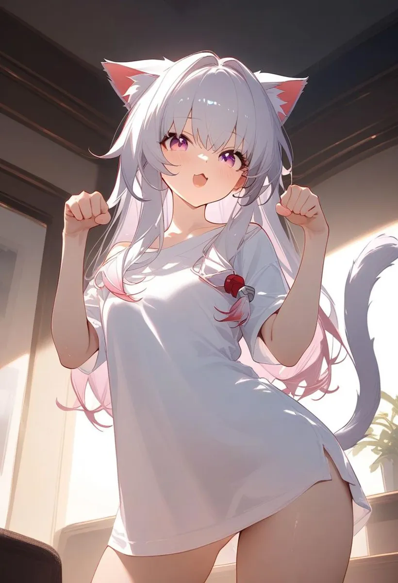 Anime girl with long white hair and purple eyes, wearing a white shirt, and having cat ears. This is an AI generated image using Stable Diffusion.