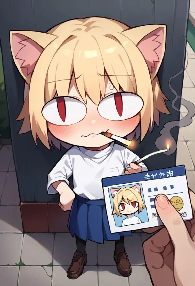 Anime cat girl with blonde hair and cat ears smoking a cigarette while holding an ID card, created using stable diffusion.