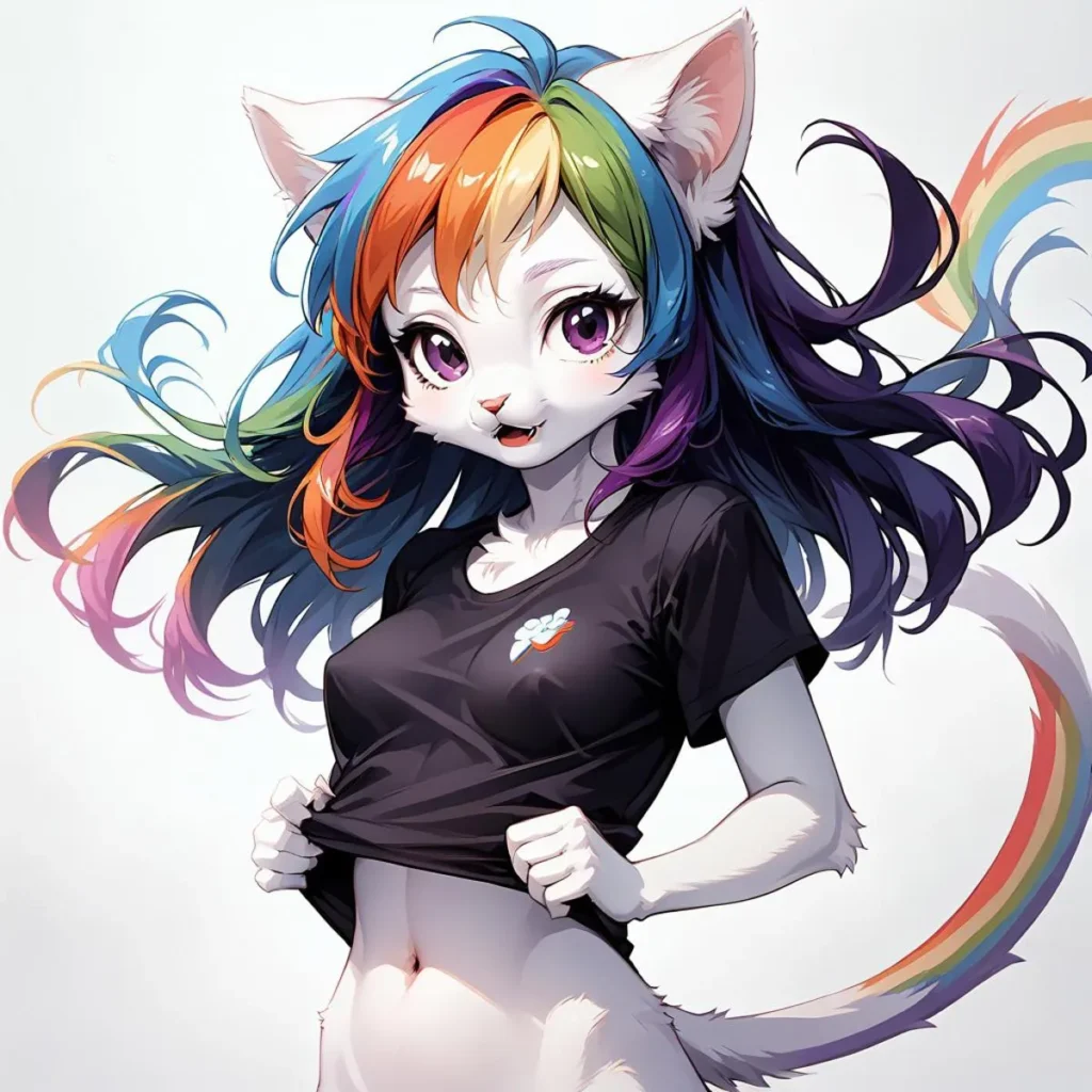 Anime-style cat girl with rainbow-colored hair, fangs, and a colorful tail, lifting her t-shirt. AI generated image using Stable Diffusion.