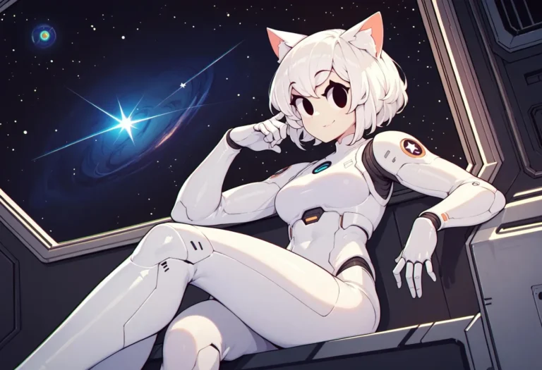 Anime cat girl with white hair and cat ears, wearing a futuristic white spacesuit while sitting in a space station, looking at the stars. AI generated image using Stable Diffusion.