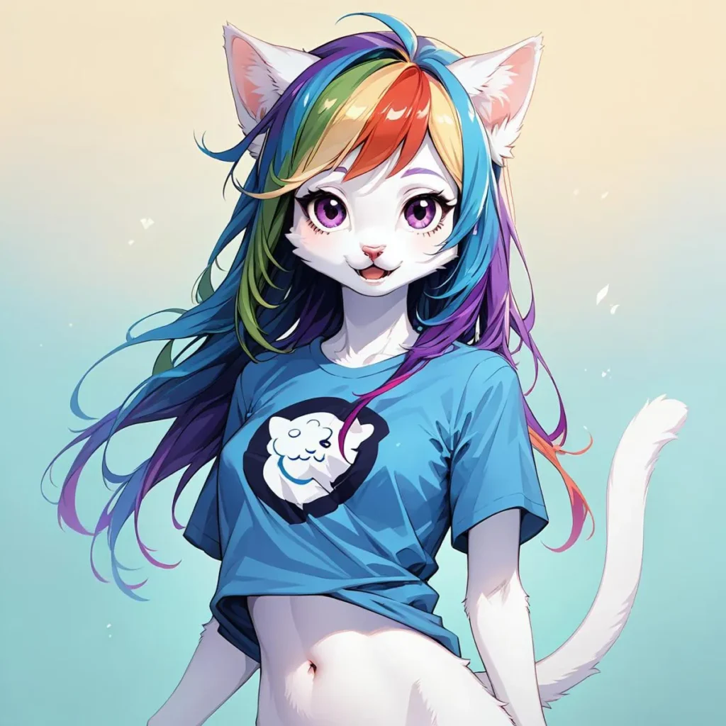 Anime catgirl with rainbow hair in a blue shirt standing against a pastel background. AI generated image using Stable Diffusion.