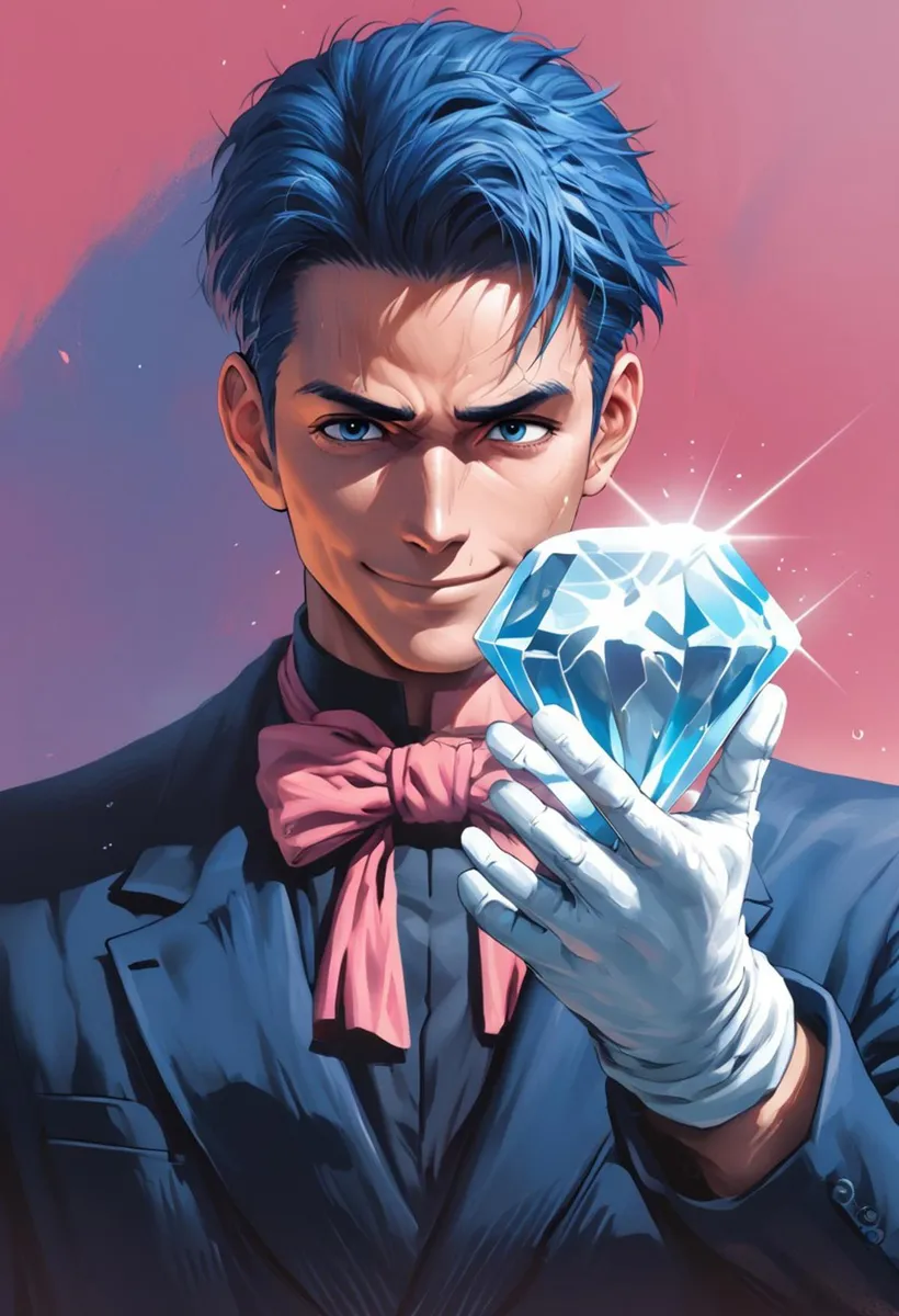 Anime-style man with blue hair, wearing formal attire and gloves, holding a large shining diamond. AI generated image using stable diffusion.