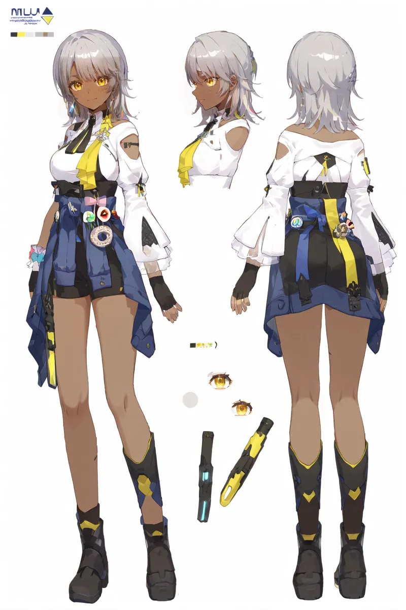 AI generated anime character design with short silver hair, golden eyes, yellow accents, and a detailed outfit.