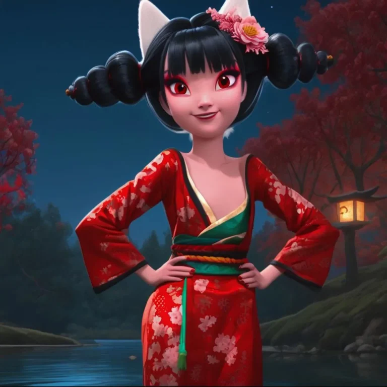 An anime-style character with cat ears, black hair tied in ornate buns, and red eyes, dressed in a red and green kimono with floral patterns, standing confidently with hands on hips in a serene Japanese garden at night. This is an AI generated image using stable diffusion.