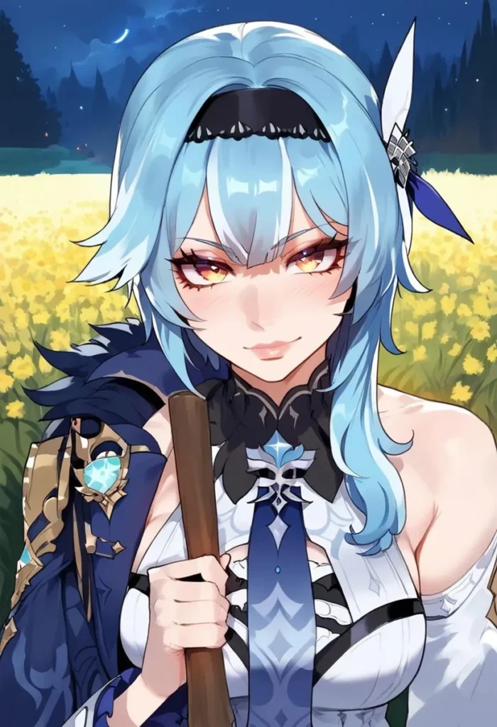 AI-generated image of a blue-haired anime girl in a detailed fantasy outfit, standing in a meadow at night with a crescent moon in the sky.
