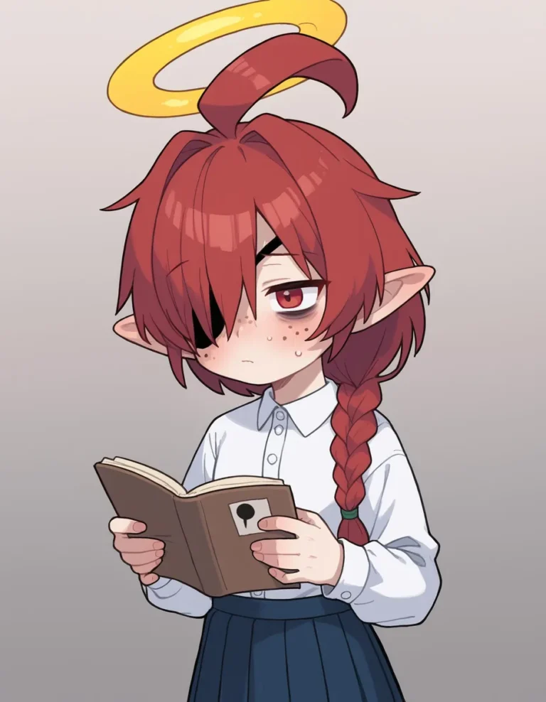 Anime character with red hair, a single eye patch, and a halo reading a book. This is an AI generated image using Stable Diffusion.