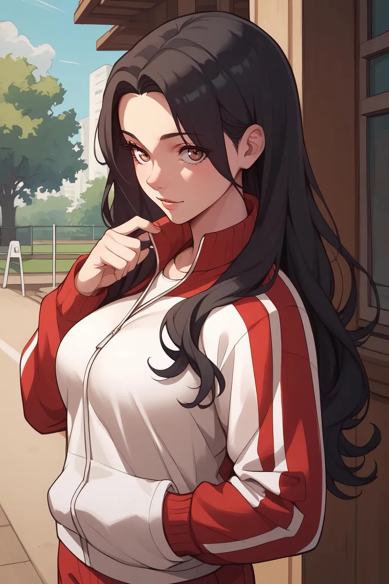 Anime-style female character with long black hair wearing red and white sportswear, standing outdoors near a building. AI generated image using Stable Diffusion.