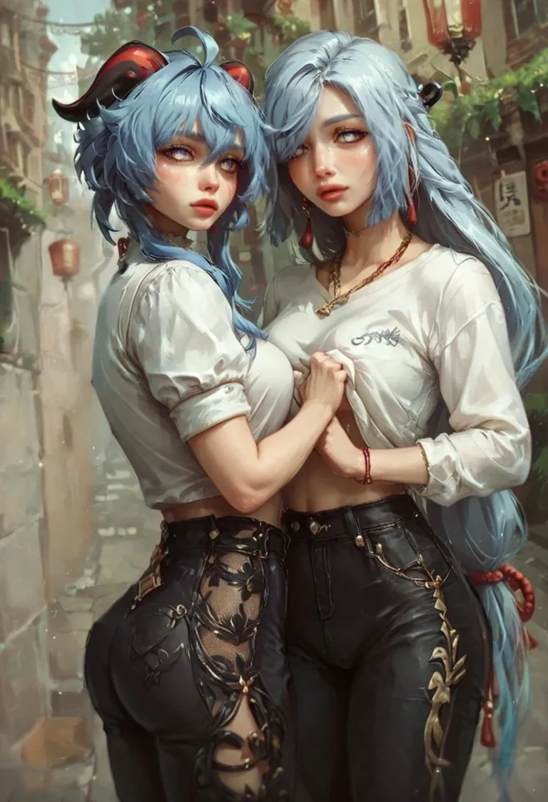 Two anime-style blue-haired girls with elaborate hairstyles, one with horns, standing close together in a fantasy-themed alleyway, AI generated using stable diffusion.