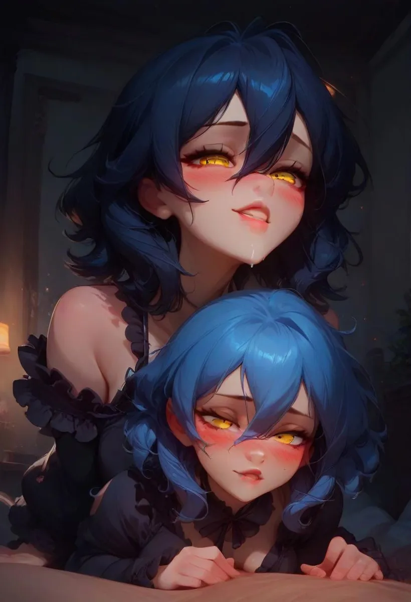 Two anime characters with striking yellow eyes and blue hair, embracing each other closely in a dark room. AI generated image using Stable Diffusion.