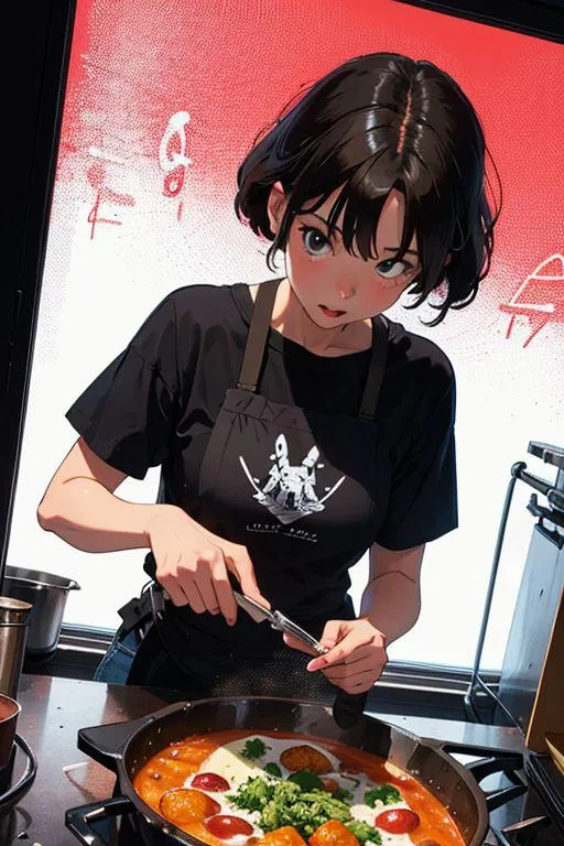 An anime-styled chef prepping food in a kitchen with a red and white background, generated using stable diffusion AI.