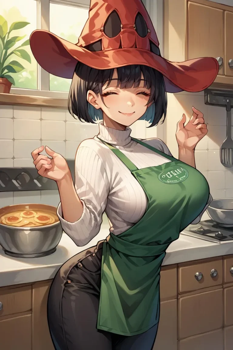 Anime woman chef in a kitchen wearing a green apron and a cute red witch hat, AI generated using Stable Diffusion.
