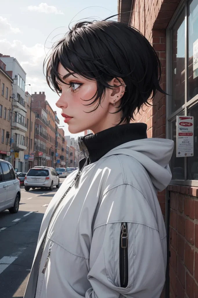 Anime-style character with short black hair and multiple ear piercings, wearing a grey jacket, standing in a city street. AI generated image using stable diffusion.