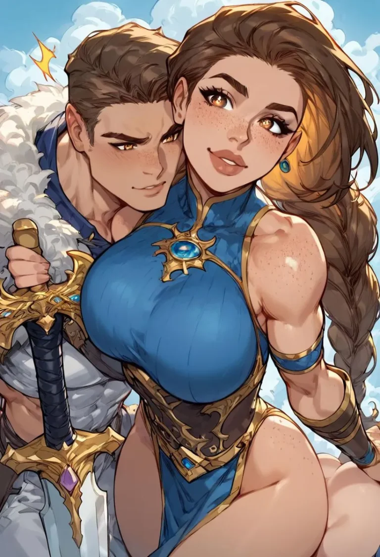AI generated image of an anime couple in fantasy armor using Stable Diffusion.