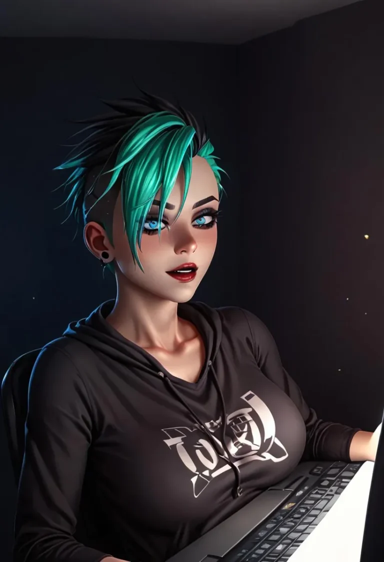 Anime woman with teal hair and blue eyes in cyberpunk style, wearing a black hoodie, created using stable diffusion
