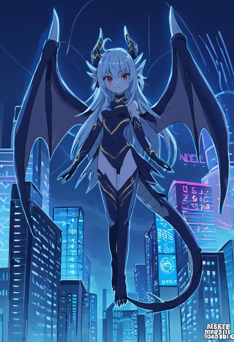 Anime-style dragon girl with white hair and black outfit flying with dark wings in a futuristic, neon-lit cyberpunk cityscape, AI generated image using Stable Diffusion.