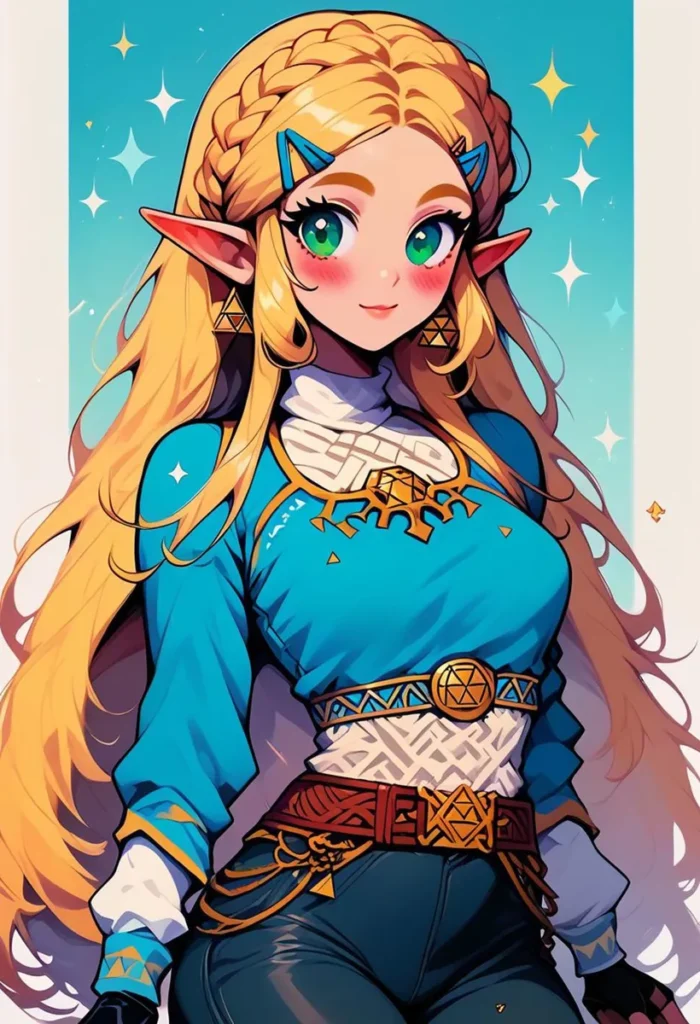 AI-generated image using Stable Diffusion showcasing an anime-style elf with long blonde hair, pointed ears, and intricate blue and white clothing against a starry background.