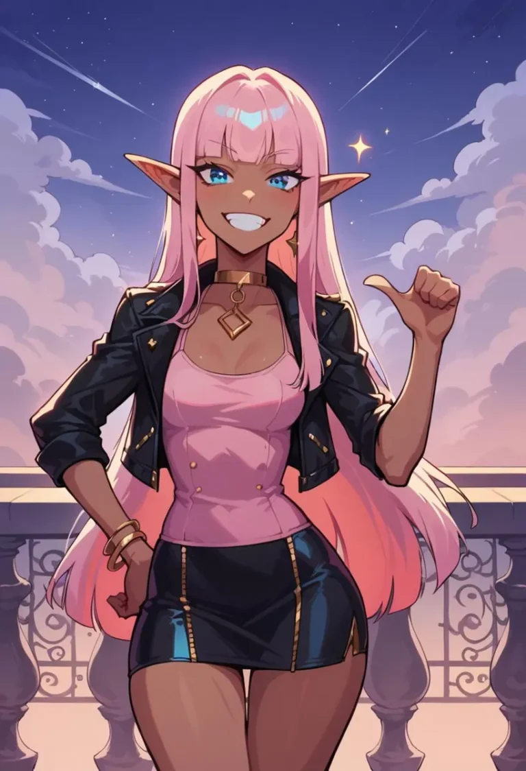 Anime elf girl with long pink hair, smiling with a thumbs-up gesture. Wearing a black leather jacket and a pink top.