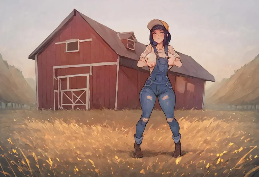 Anime farm girl in denim overalls in front of a red barn. AI generated image using Stable Diffusion.
