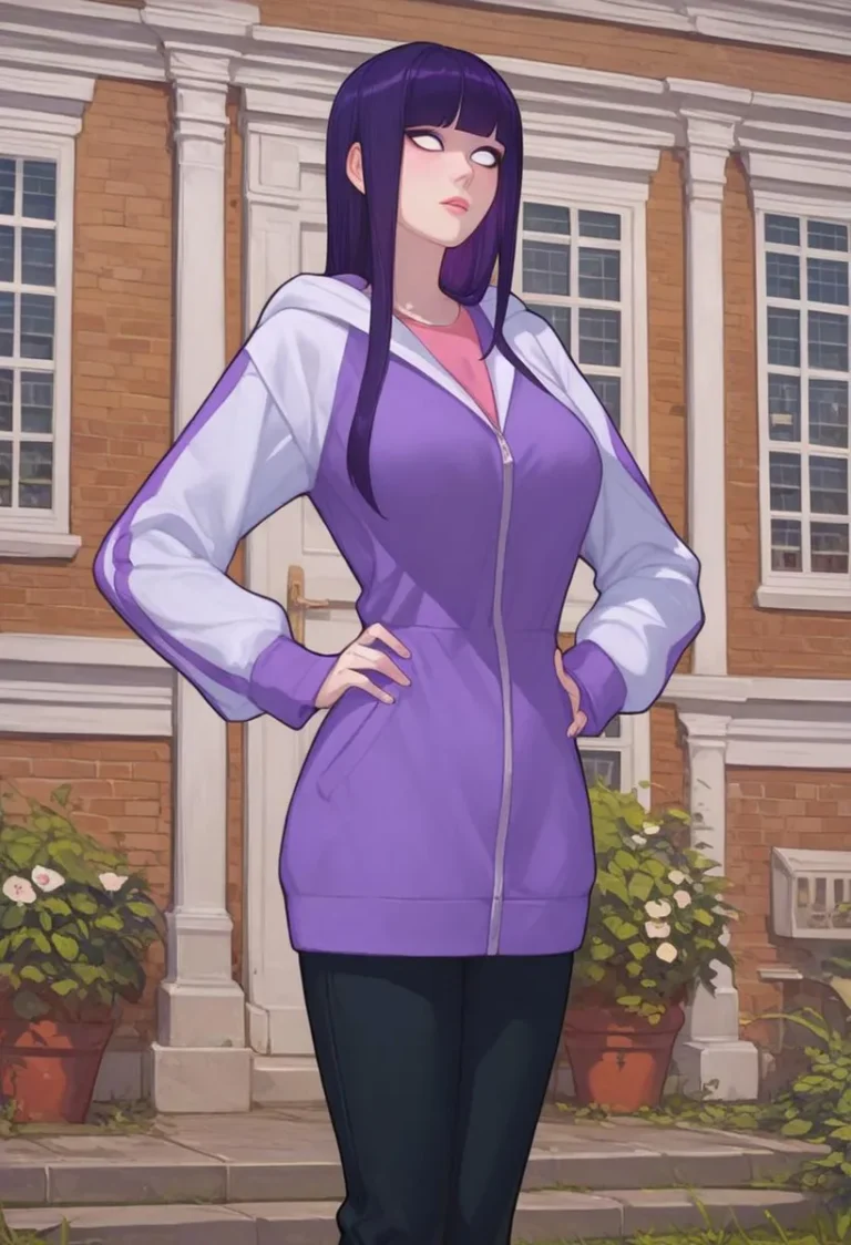 Anime-style female character with long dark hair wearing a purple hoodie and standing in front of a classic brick building. AI generated image using Stable Diffusion.