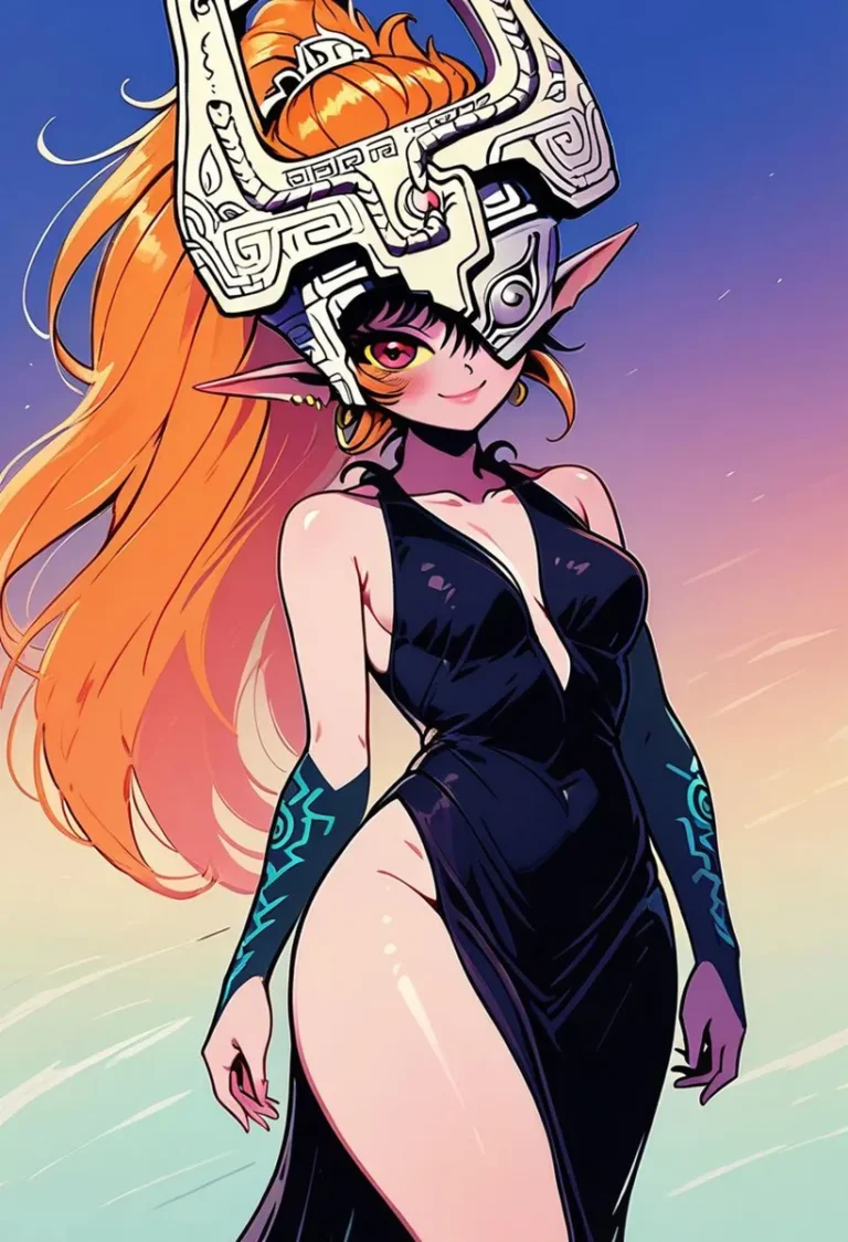 Anime-styled female warrior with long fiery orange hair, elaborate headgear, and a sleek black dress generated by AI using Stable Diffusion.