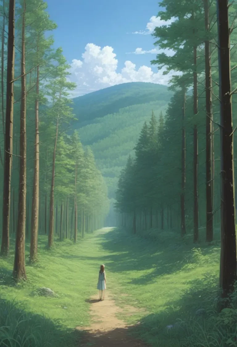 An AI generated image using stable diffusion, depicting an anime-style girl standing in a lush green forest with tall trees and a clear sky.