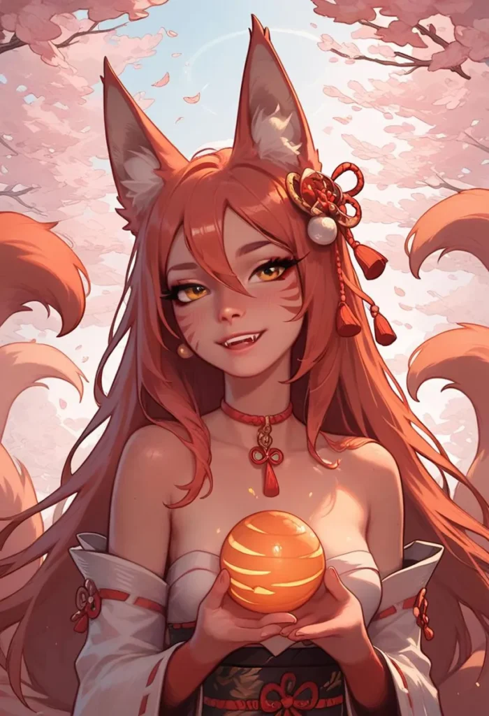 Anime-style fox girl with fox ears and long orange hair, wearing a decorative outfit, holding a glowing orb with pink cherry blossoms in the background. AI generated image using Stable Diffusion.