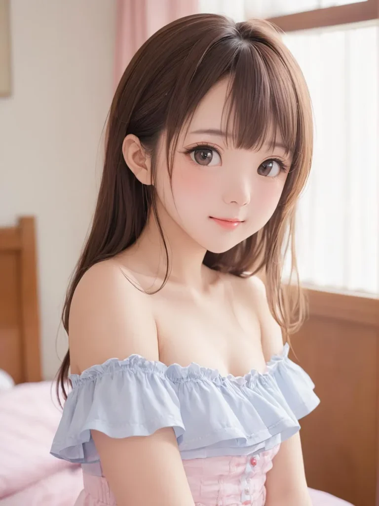 Anime girl with big eyes and off-shoulder top, AI generated using stable diffusion.