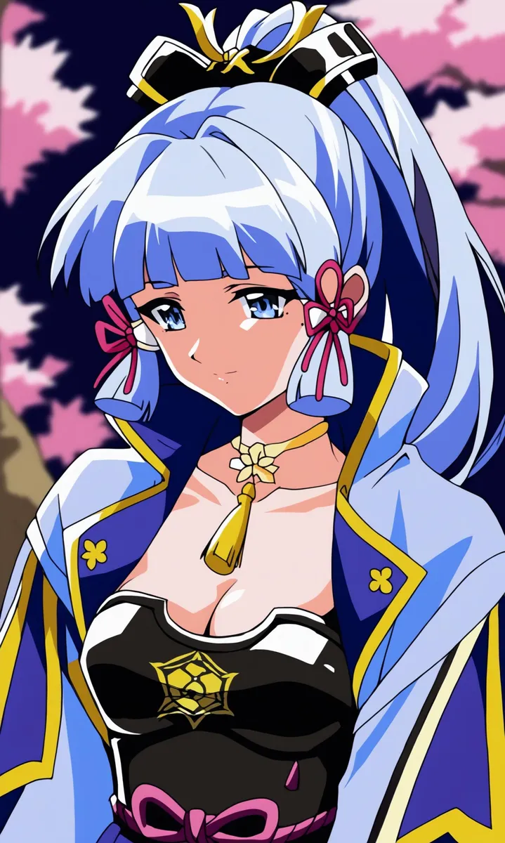 Anime girl with light blue hair in twin ponytails, dressed in a black and gold outfit with a blue and gold cape. AI generated using Stable Diffusion.