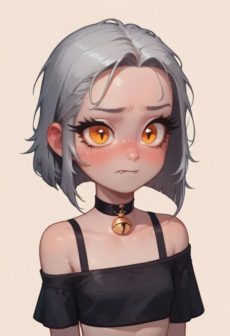 AI generated image of an anime girl with orange eyes, short grey hair, and a black choker with a bell, created using stable diffusion.