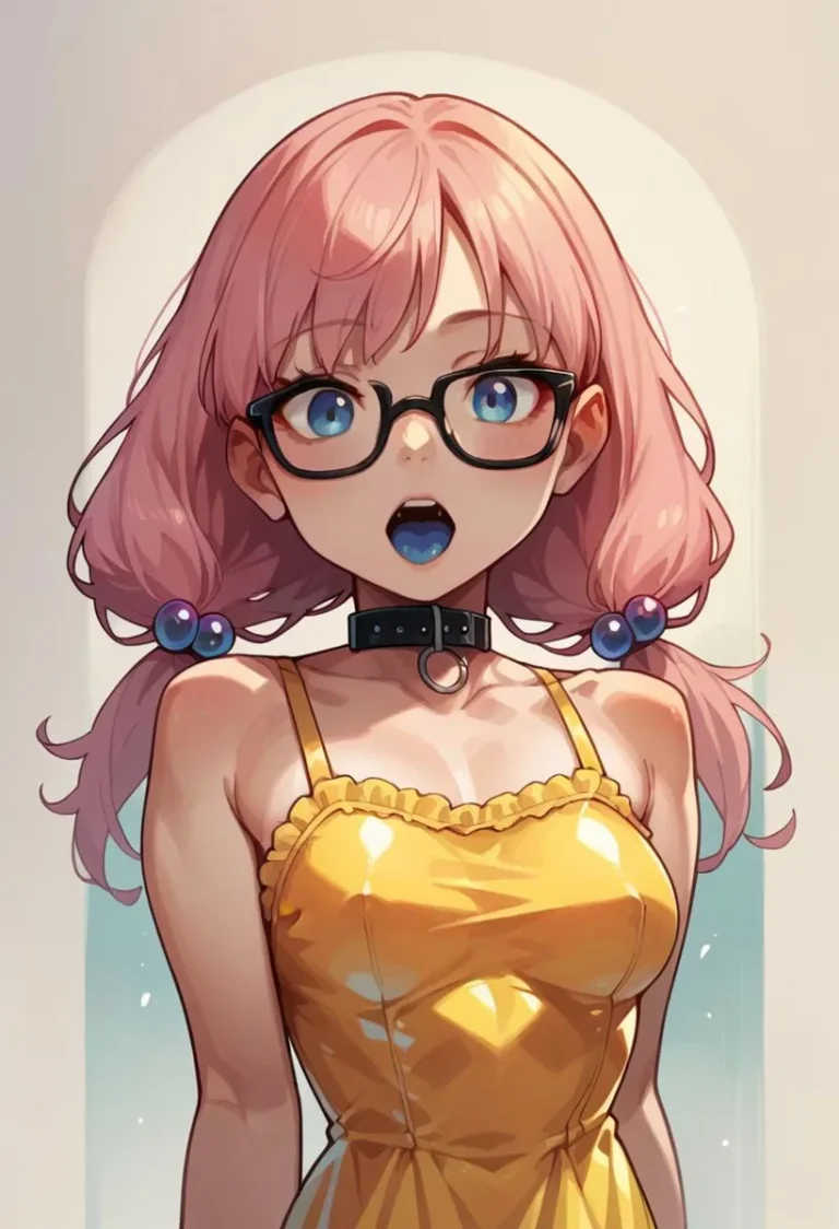 AI generated image of an anime-style girl with pink hair, glasses, and a yellow dress using Stable Diffusion.