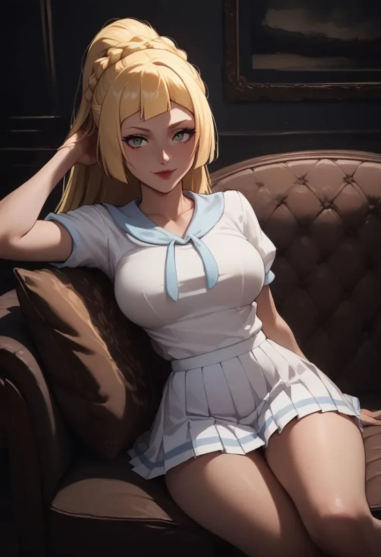 Anime girl with blonde hair and a school uniform sitting on a couch, created using Stable Diffusion AI.