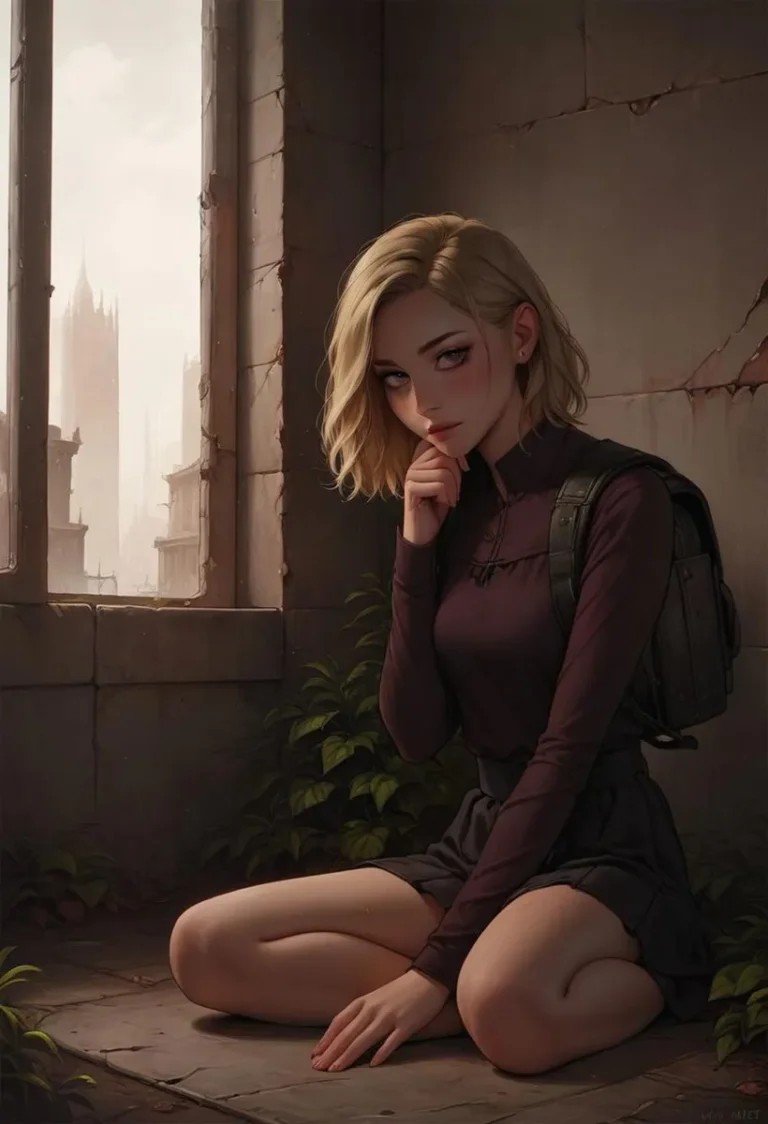 AI generated image of an anime girl with blonde hair, wearing a dark outfit and sitting in an abandoned building with a melancholic expression.
