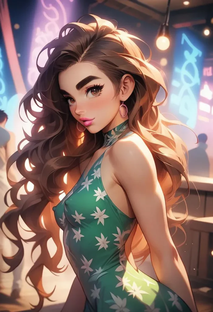 Anime girl with long, wavy brown hair wearing a green dress with white flowers and pink earrings inside a vibrant nightclub, ai generated using stable diffusion.