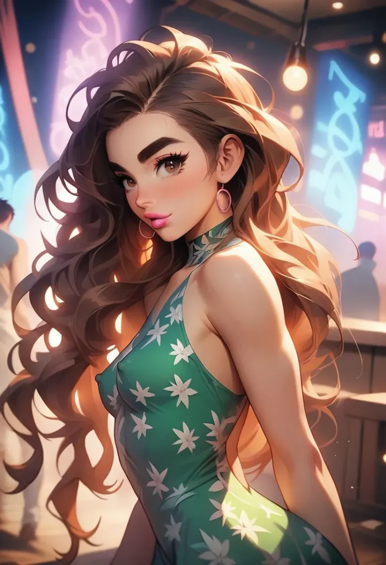 Anime girl with long, wavy brown hair wearing a green dress with white flowers and pink earrings inside a vibrant nightclub, AI generated using Stable Diffusion.