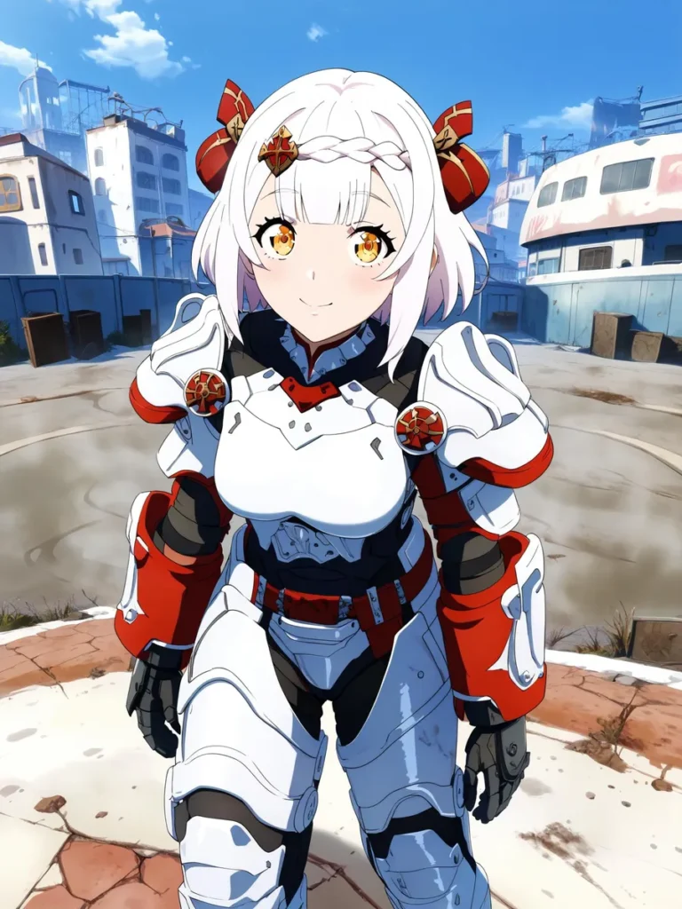 Anime girl with white hair and golden eyes wearing futuristic white and red armor, standing in a cyberpunk cityscape. AI generated image using Stable Diffusion.