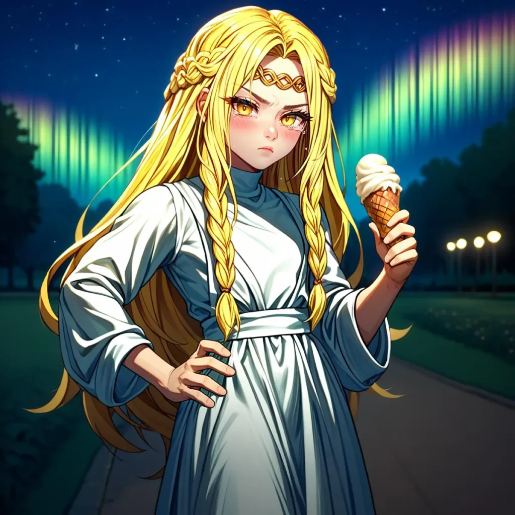 Anime girl with blonde hair and braids, wearing a white dress, holding an ice cream cone under the aurora night sky. AI-generated image using Stable Diffusion.