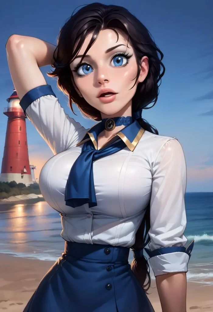 A beautiful anime-style girl with large blue eyes, wearing a white and blue sailor outfit, standing near a beach with a red lighthouse in the background. The image is AI generated using Stable Diffusion.