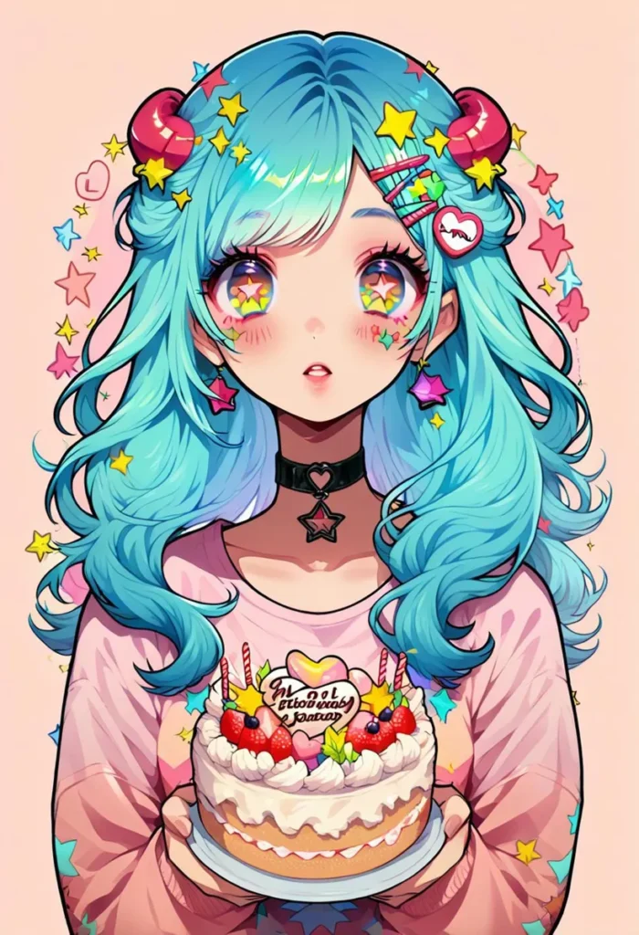 Anime-style girl with vibrant blue hair, adorned with colorful stars and holding a birthday cake. AI generated image using Stable Diffusion.