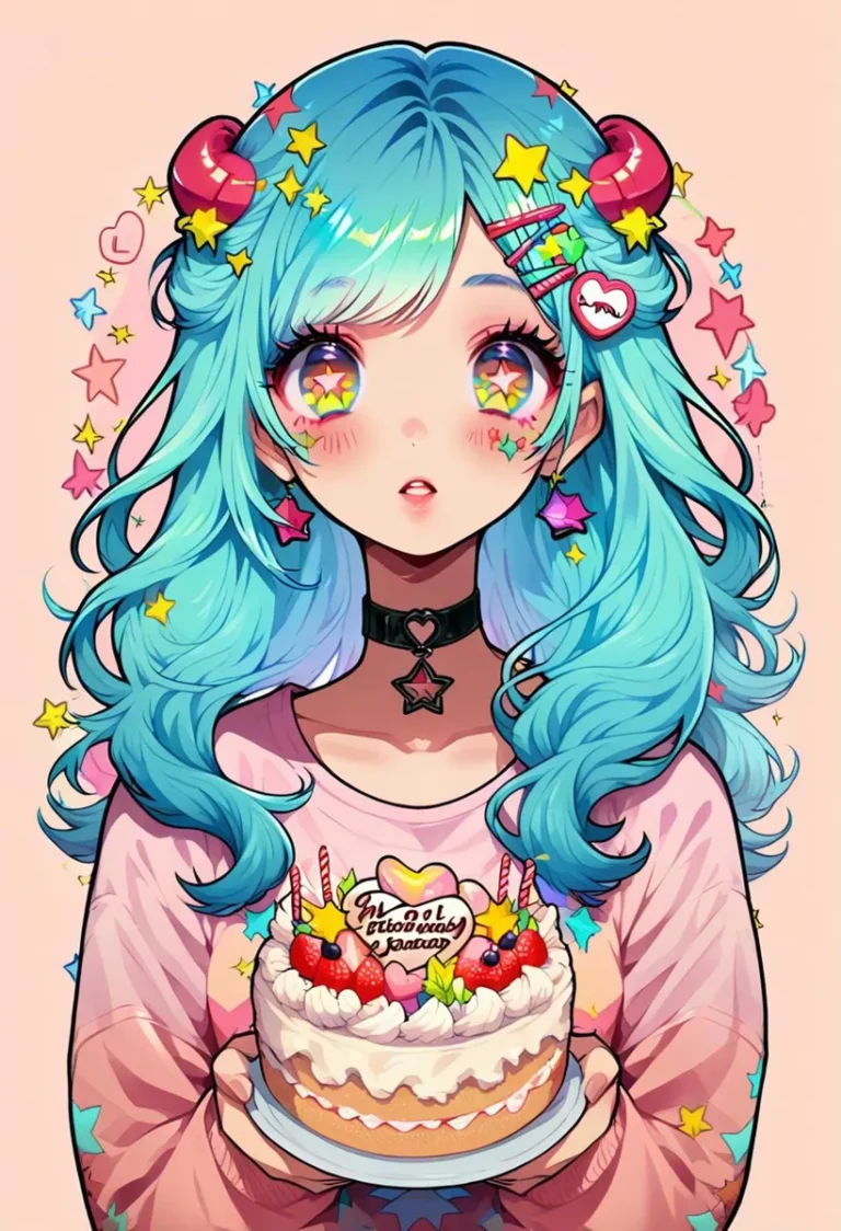Anime-style girl with vibrant blue hair, adorned with colorful stars and holding a birthday cake. AI generated image using Stable Diffusion.