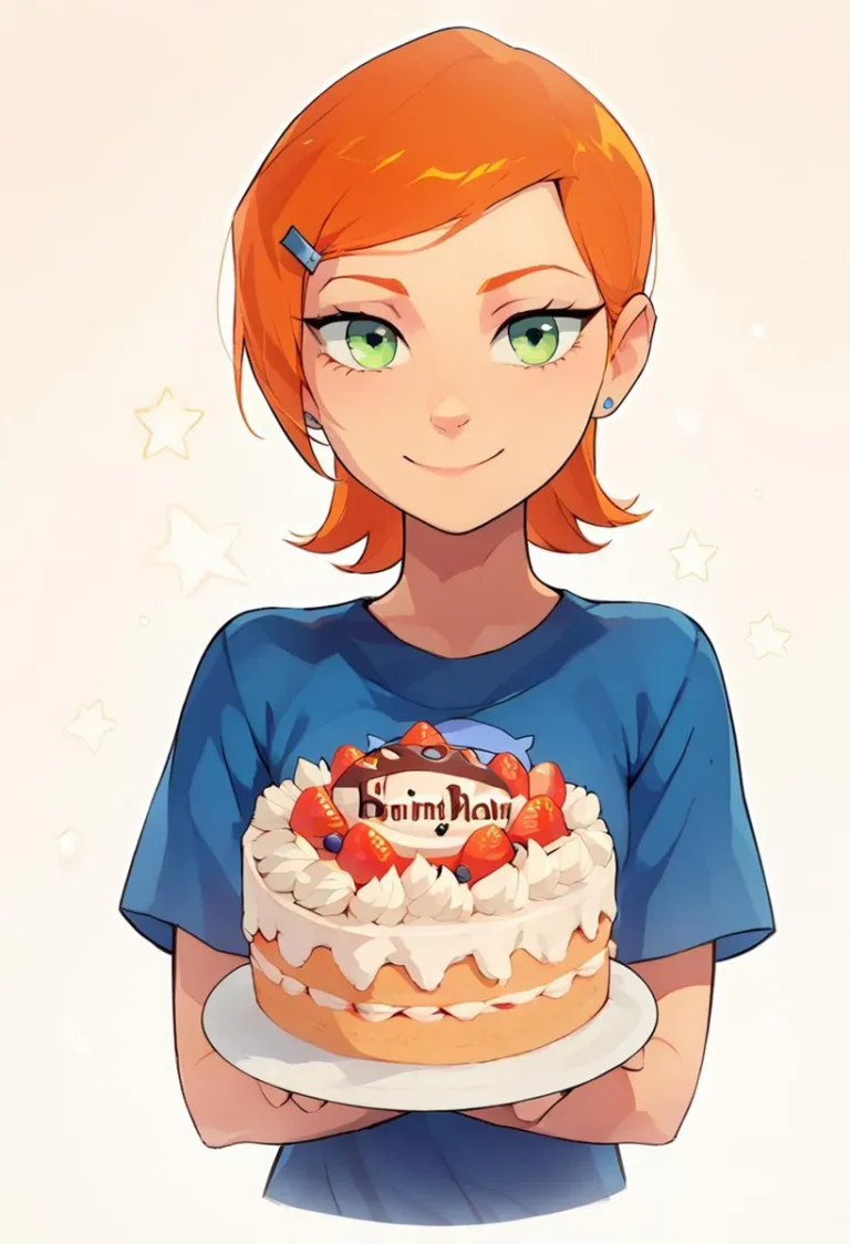 Anime-style girl with short orange hair and green eyes, holding a decorated birthday cake with strawberries and cream. AI-generated image using Stable Diffusion.