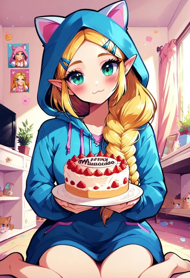 Cute anime girl in blue hoodie with cat ears holding a birthday cake. AI generated image using Stable Diffusion.