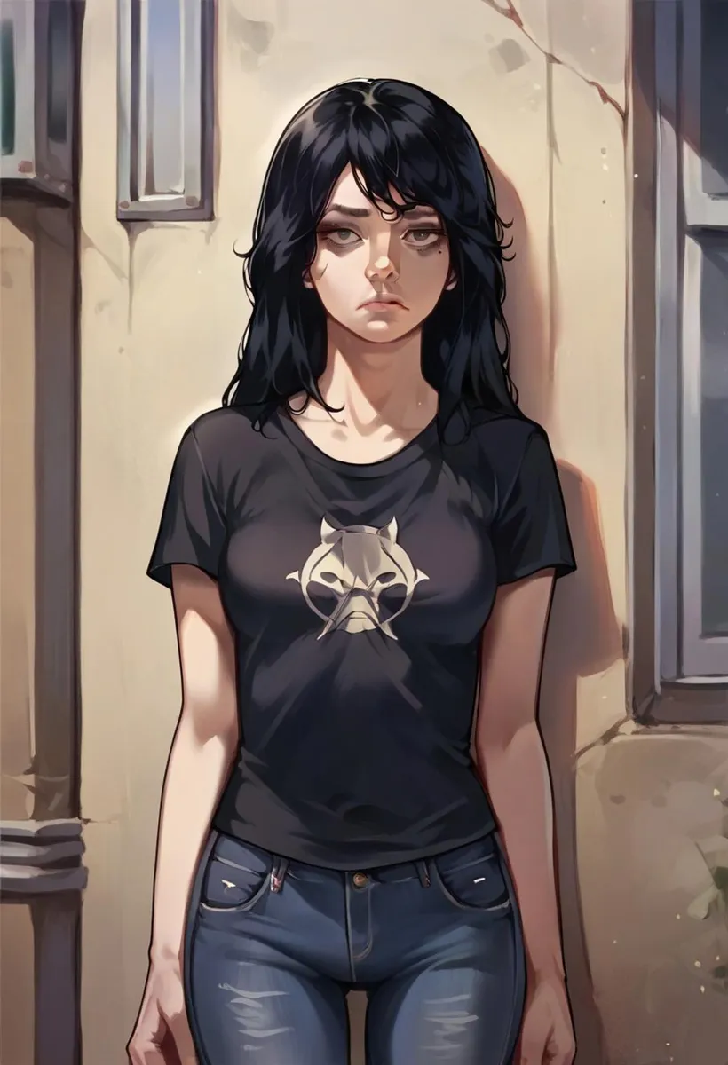 Dark-haired anime girl with an intense expression, wearing a black t-shirt with a unique design, standing against a background wall, AI generated using Stable Diffusion.