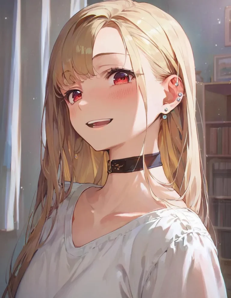 Anime girl with long blonde hair, red eyes, wearing a white blouse and black choker. AI generated image using Stable Diffusion.